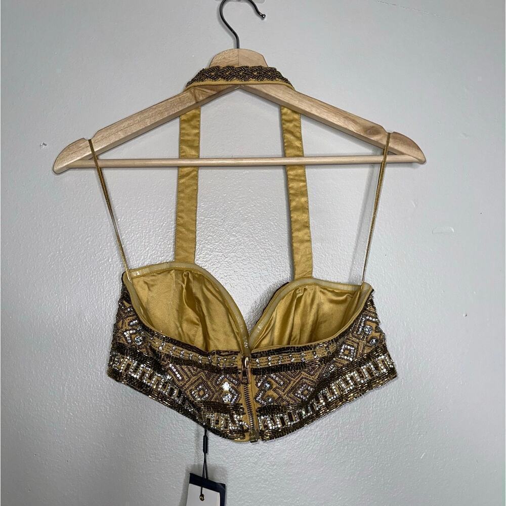 Retrofete NWT Kala Sequin Bra Halter Top Geometric Beading Gold Size Medium - Picture 8 of 9